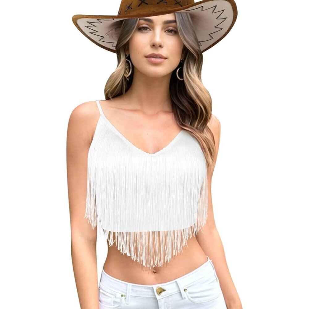 Women Tassel Tank Outfits  Festival Clothes Rave V-Neck Sleeveless Shirt